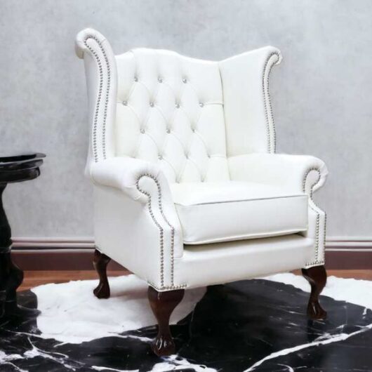 Chesterfield Crystal Diamante Queen Anne High Back Wing Chair White Leather Claw Ball Feet