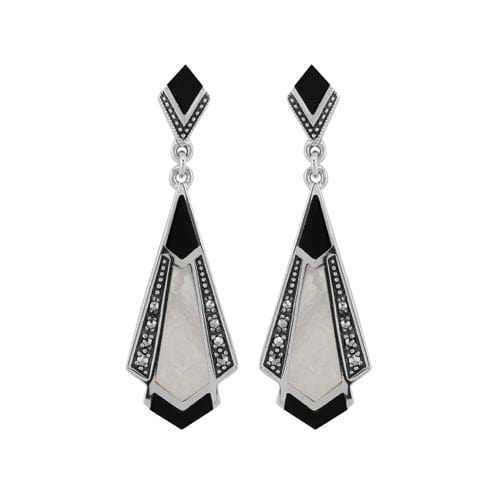 Art Deco Style Cabochon Black Onyx, Mother of Pearl & Marcasite Drop Earrings in 925 Sterling Silver