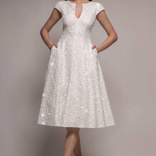 Bead Embellished Jacquard A Line Midi Dress - White by Goddiva