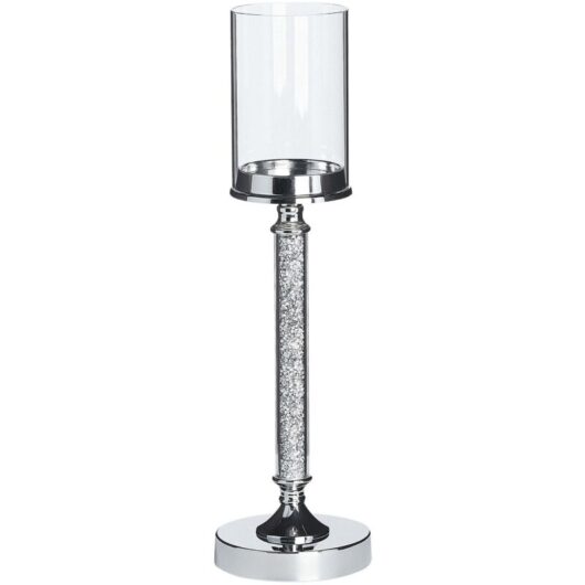 Beliani - Glam Pillar Candle Holder 48 cm Glass Shade Metal Accent Piece Silver Abbeville
