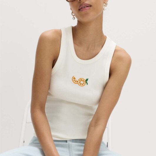 M&S Cotton Rich Embellished Ribbed Vest Soft White