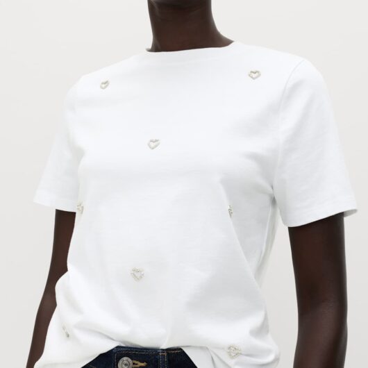 M&S Pure Cotton Embellished T-Shirt Soft White